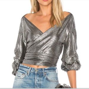 Glamorous and Chic! Lovers + Friends Metallic Puff Sleeve Wraparound Top
